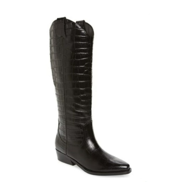 Marc Fisher Haze Croc Embossed Leather Boot BLACK WESTERN KNEE HIGH NIB PULL ON - Picture 3 of 5